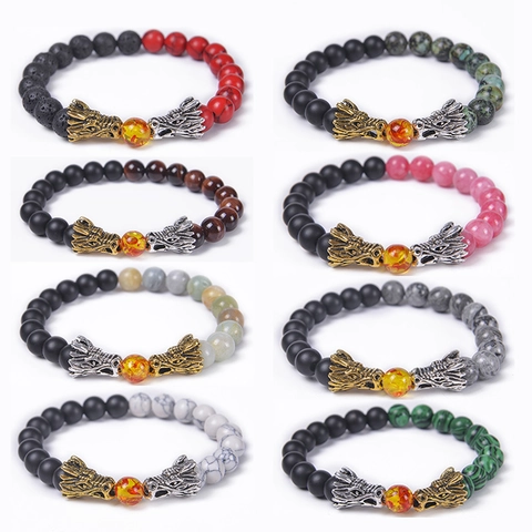 Natural Stone Beaded Bracelet With Alloy Dragon Head Tiger Eye Lava Rock Stretch Hand Jewelry For Men Women Vintage Punk Style