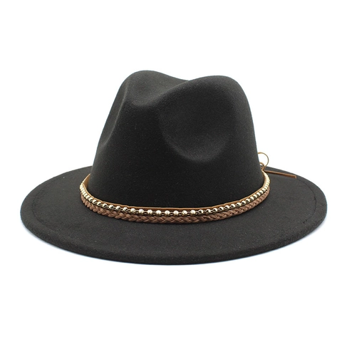 Retro Fedora Hat Wide Flat Brim Woolen Style Cotton Polyester With Woven Band Gold Beads Chain Vintage Jazz Hat For Women