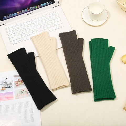 Gants Sans Doigts Longs en Peluche de Lapin pour Femmes Automne Hiver Chauffe-Bras en Tricot à Côtes Manches Chaudes