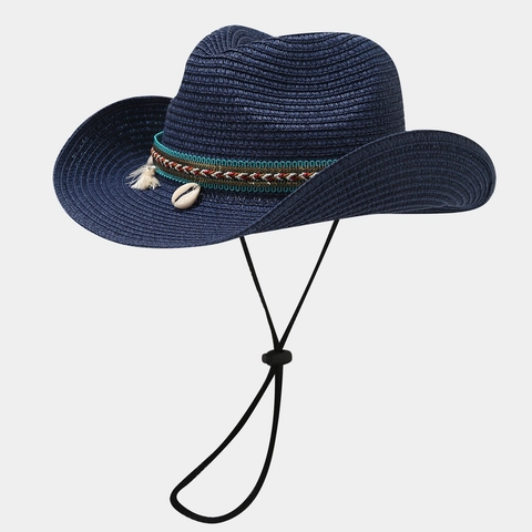 Cappello Da Cowboy In Paglia Bohemian Con Nappa Conchiglia Traspirante Tesa Larga Protezione Solare Sottogola Regolabile Spiaggia