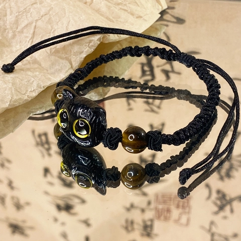 Cute Black Cat Head Handwoven Rope Bracelet With Tiger Eye Stone Beads Adjustable Versatile Fashion Jewelry Gift For Women Girls