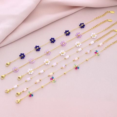 Gold Plated Stainless Steel Bracelet With Crystal Flower Petal Beads Elegant Sweet Jewelry For Women Romantic Style