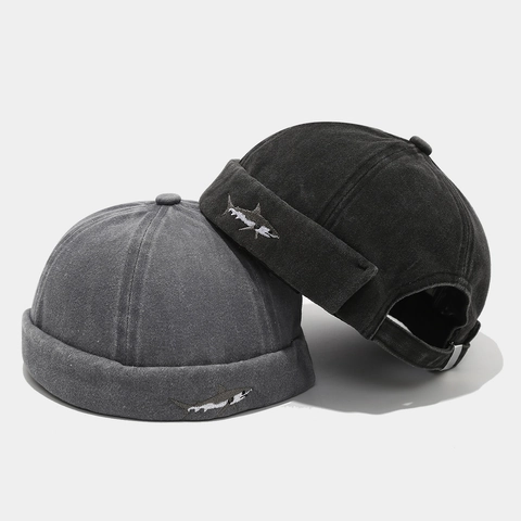 Washed Cotton Docker Hat Brimless Miki Cap With Shark Embroidery Vintage Retro Adjustable Streetwear For Men Women