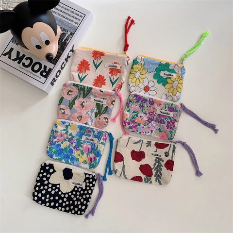 Women Cotton Canvas Floral Cosmetic Bag Small Coin Purse Zipper Portable Storage Pouch With Rope Pull Japanese Style