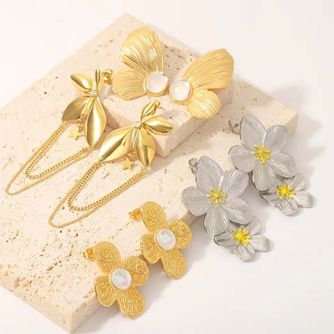 Butterfly Flower Leaf Stud Dangle Earrings Stainless Steel 18K Gold Plated Non-fading Jewelry For Women