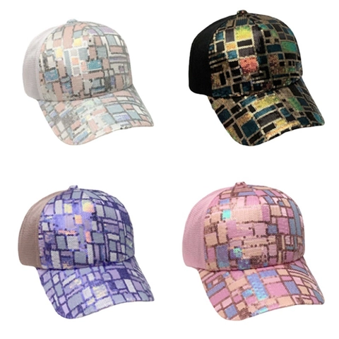Cappello Da Baseball In Acrilico Con Paillettes Colorato Geometrico Rete Traspirante Protezione Solare Donne