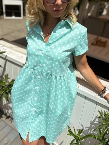 Vestido Camisero De Lunares Mujer Manga Corta Con Botones Informal Verano Midi Vestido Playero Poliéster Cuello Polo Verde Menta