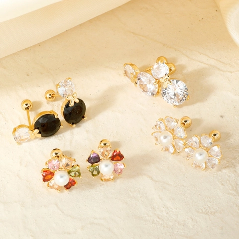Zircon Flower Faux Artificial Pearl Stud Earrings With Copper Earring Post Sweet Bow Design Pastoral Jewelry For Women
