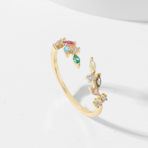 Elegant Copper Leaf Open Ring With Colorful Marquise Zirconia Fashion Minimalist Branch Adjustable Jewelry Women