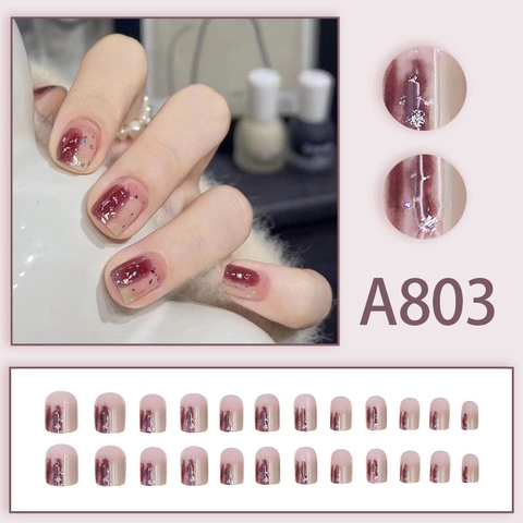 Short Round Press On Nails Wine Red Ombre Gradient Glossy Glitter Artificial False Fingernails For Women Girls