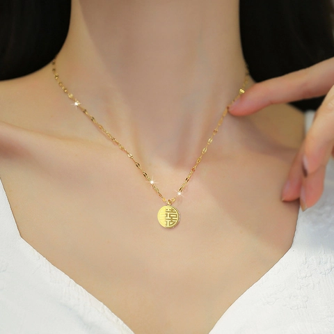 Collar Con Colgante Redondo Doble Cara Fu Xi Acero Titanio Estrás Incrustado Cadena De Clavícula Joyería Estilo Chino Mujer