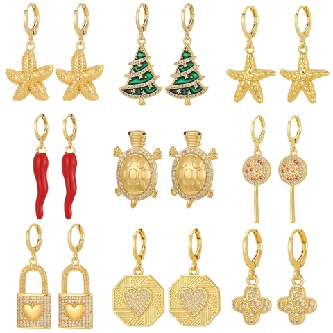 18K Gold Plated Copper Earrings For Women Fashion Jewelry Zirconia Heart Lock Starfish Turtle Clover Lollipop Chili Star Earrings