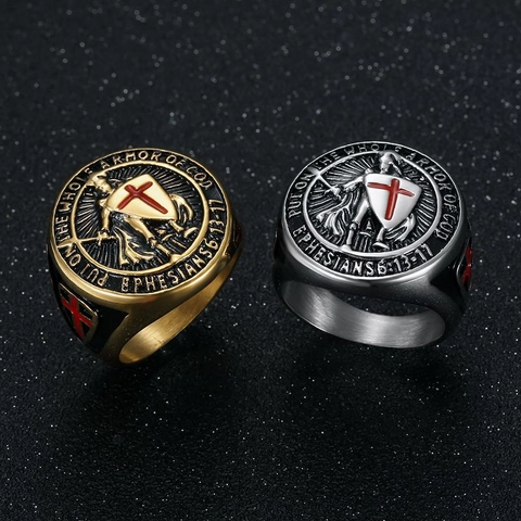 Anello Sigillo Scudo Cavaliere Templare Acciaio Al Titanio Versetto Biblico Croce Rossa Gioielli Hiphop Per Uomini
