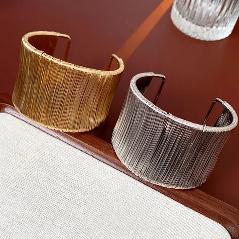 Minimalist Wide Alloy Cuff Bracelet With Metal Wire Wound Texture Open Adjustable Industrial Style For Women