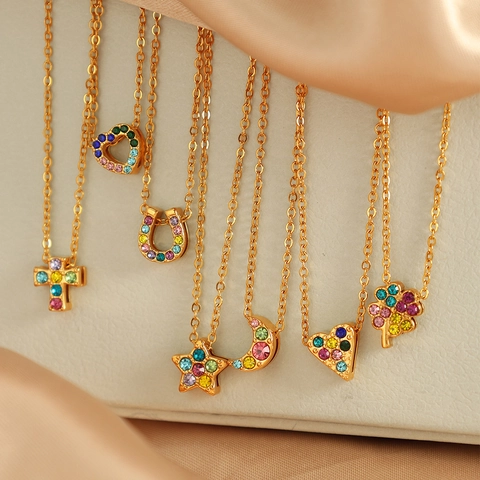 Stainless Steel Pendant Necklace Multi Color Rhinestone Heart Star Moon Clover Cross Chic Jewelry For Women