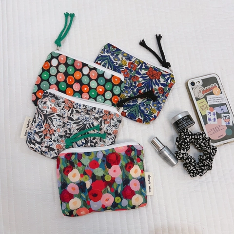 Mini Coin Purse Vintage Floral Cotton Canvas Storage Bag With Zipper And Braided Rope Puller For Lipstick Earphone