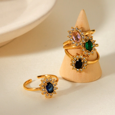 Sunflower Halo Open Ring Stainless Steel Zircon Oval Colorful Gemstone Adjustable French Vintage Jewelry For Women