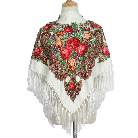Retro Etnische Bloemenprint Kwastje Sjaal Vierkante Doek Polyester Paisley Rozenpatroon Boheems Dames Reis Wrap