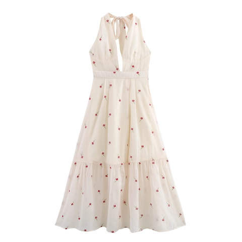 Halter Maxi Jurk Polyester Chiffon Rode Rozenborduurwerk Rugloos Strik Gelaagd Hoge Taille Zoete Franse Stijl