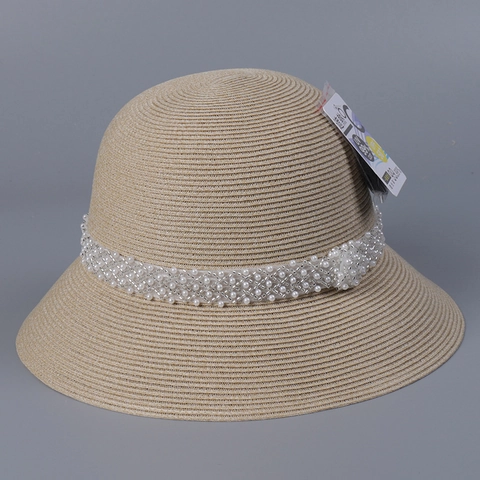 Women Bucket Sun Hat Paper Straw Foldable UPF 50+ UV Protection Wide Brim Artificial Pearl Bead Band Travel Beach Elegant