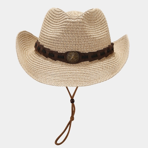 Cappello Da Cowboy In Paglia Vintage Con Distintivo Stella Corda Vento Regolabile Protezione Solare Traspirante Esterno Mare