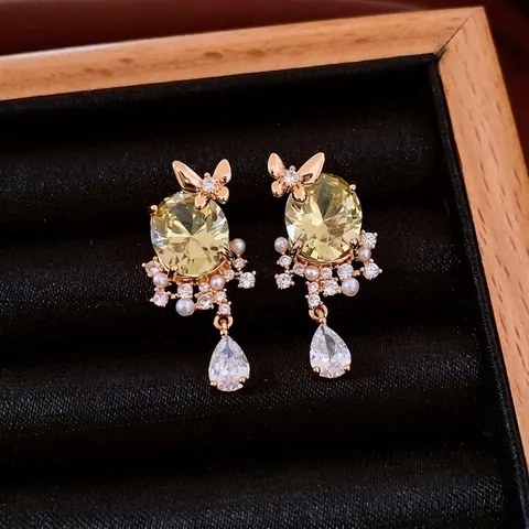 Pendientes De Gota Mariposa Cobre Chapado En Oro Circonita Amarilla Perla Artificial Y Poste De Plata De Ley 925 Estilo Vintage