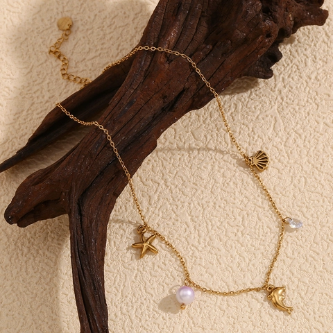 Mariene Leven Hanger Ketting 18K Verguld Roestvrij Staal Met Zeester Schelp Dolfijn Kunstparel Kristal Elegante Sieraden Voor Vrouwen