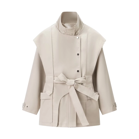 Women Stand Collar Trench Coat Polyester Waist Tie Long Sleeve Solid Color Elegant Slim Fit Outerwear