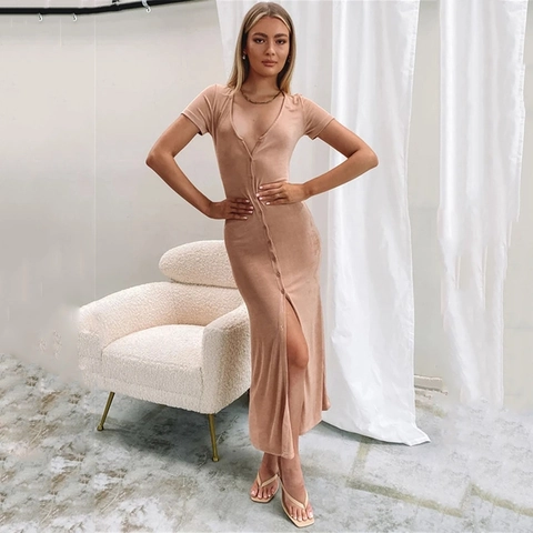 V Neck Short Sleeve Maxi Dress Button Down Mesh Knit High Slit Slim Fit Nightclub Party Evening Gown Women