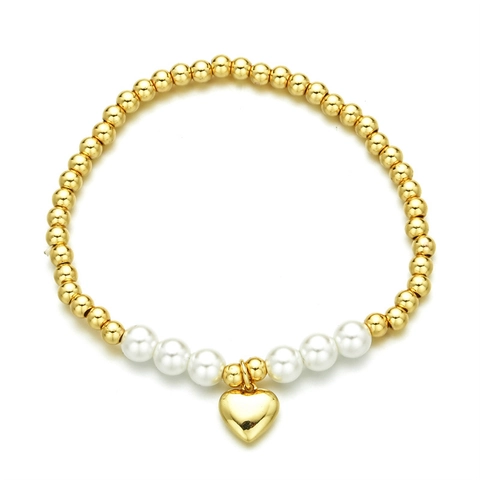 Western Style Copper Beaded Bracelet For Women Gold Plated Artificial Pearl Zirconia Inlaid Heart Hamsa Charm Elastic Hand Chain Jewelry
