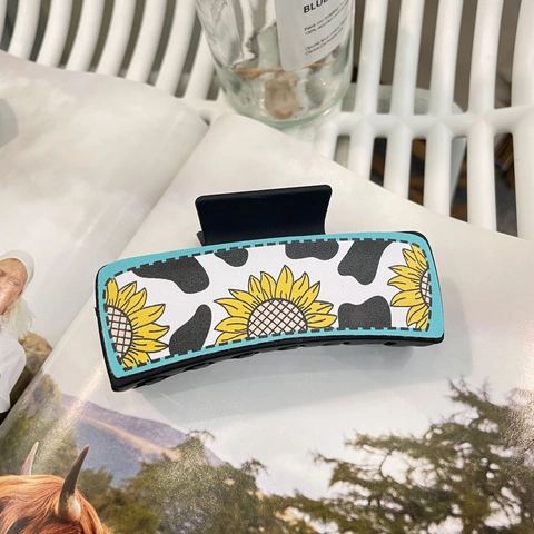 Hair Claw Clip Matte Plastic Rectangle Sunflower Cactus Pattern Cow Print Western Cowboy Style For Women Hair Accessory
