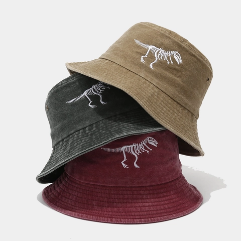 Retro Gewaschener Baumwolle Fischerhut Mit Dinosaurier Skelett Stickerei Vintage Outdoor Sonnenschutz Hut Unisex