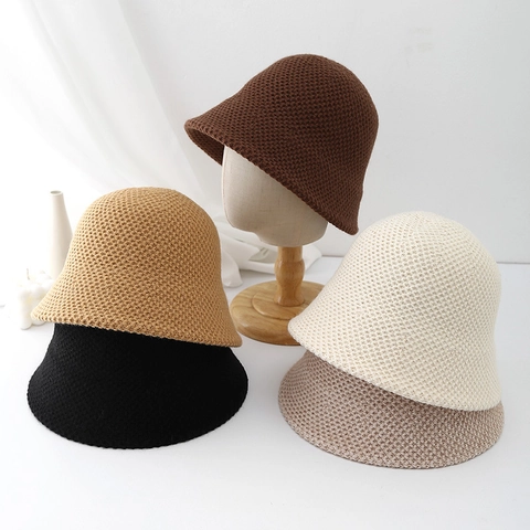 Women Knitted Bucket Hat Solid Color Foldable Outdoor Travel Portable Polyester Crochet Fisherman Hat Sunshade