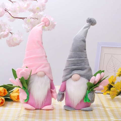 Plush Gnome Holding Tulip Handmade Fabric Faceless Doll Mother's Day Gift Desktop Ornament Home Window Decor