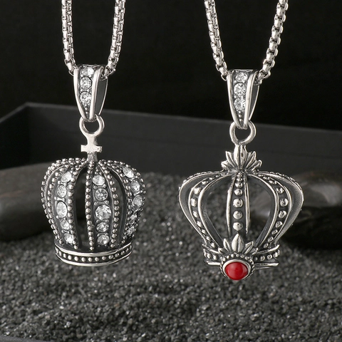Krone Anhänger Halskette Edelstahl Retro Hohl Strass Roter Stein Hip Hop Punk Schmuck Für Männer