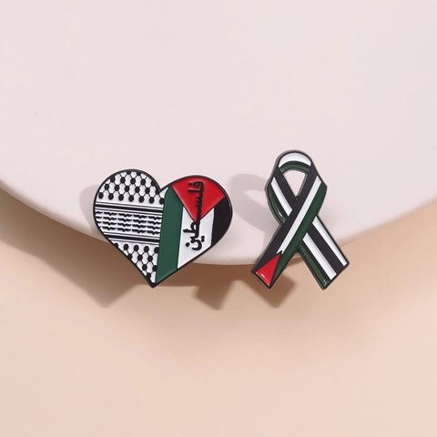Broche de Esmalte con Bandera de Palestina de Aleación de Cinc en Forma de Corazón y Cinta Insignia para Ropa Bolsa Joyería Conmemorativa