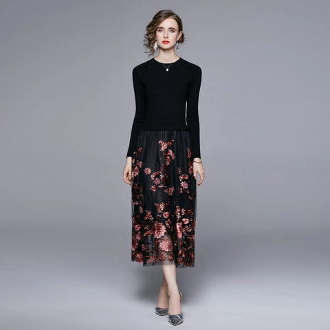 Robe Maxi Élégante À Manches Longues Pour Femmes Haut En Tricot Épissure Maille Broderie Florale Taille Haute