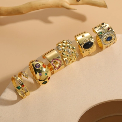 Adjustable Copper Open Ring 14K Gold Plated Colorful Cubic Zirconia Vintage Bohemian Retro Style Fashion Jewelry Gift For Women