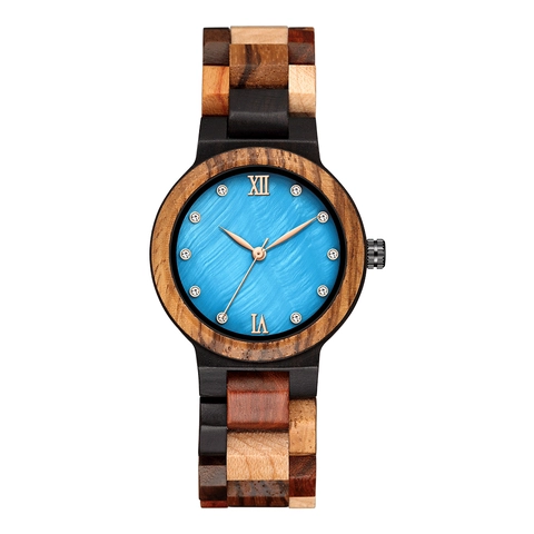 Reloj de Pulsera de Madera Hecho a Mano para Mujer Minimalista Multicolor Mosaico de Madera Cuarzo Con Esfera de Nácar y Detalles de Strass