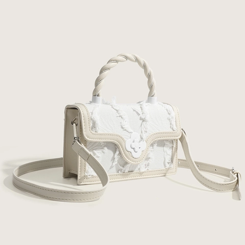 Women Crossbody Bag Distressed Fringed Fabric And PU Leather Small Square Handbag With Flower Buckle Twisted Handle Chic