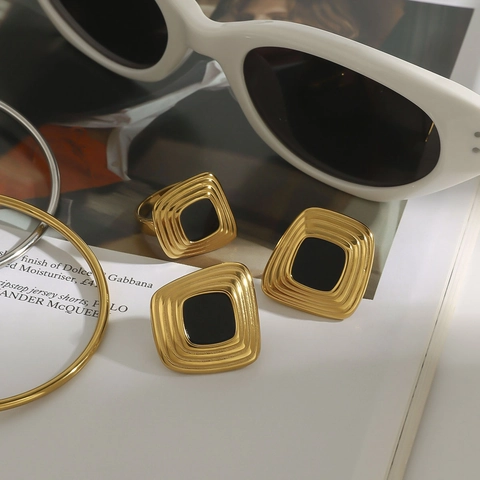 Vierkante Knopoorbellen Roestvrij Staal 18K Verguld Geometrisch Geribbeld Waterdicht Hypoallergeen Vintage Vrouwen