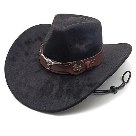 Vintage Western Cowboy Hat Faux Suede Wide Brim Sun Protection Bull Head Metal Decor Adjustable Chin Strap For Outdoor