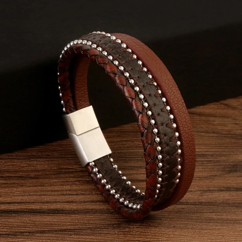 Herren Geflochtenes Lederarmband Mit Edelstahl Magnetverschluss Mehrlagig Retro Schmuck
