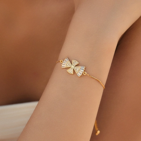 18K Gold Plated Copper Bracelet For Women Inlaid Zirconia Cross Butterfly Adjustable Slider Bracelet Fashion Jewelry Gift