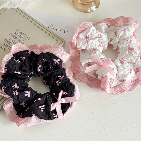 Balletcore Lace Scrunchies Fabric Hair Ties Sweet Pink Bowknot Pattern Ribbon Bow Decor Elastic Ponytail Holder For Girls