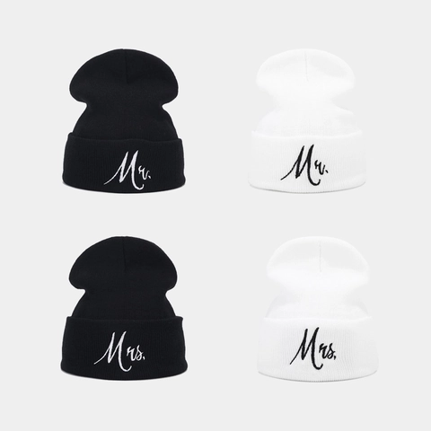 Mr Mrs Bestickt Strickmütze Beanie Für Paare Hochzeitsgeschenk Winter Warm Acryl Aufschlag Totenkopfmütze Für Herren Damen Schwarz Weiß