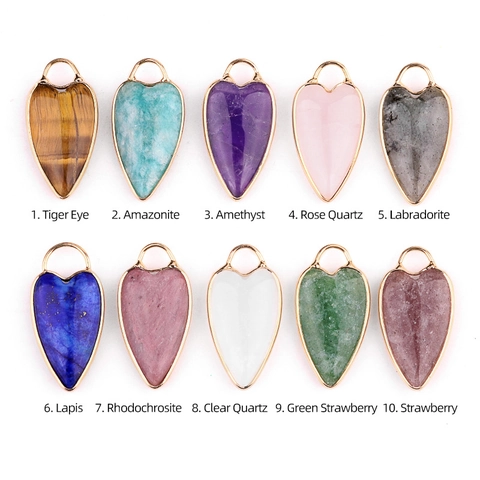 Heart Gemstone Pendants Gold Bezel Natural Stone Charms For DIY Jewelry Making Amethyst Tiger Eye Rose Quartz