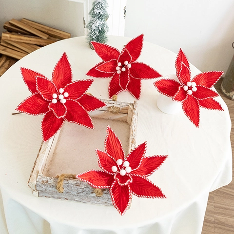 Weihnachten Samt Künstliche Poinsettie Blume Rot Weiß Zuckerstangenrand Für Weihnachtsbaum Heim DIY Dekoration Party Ornament