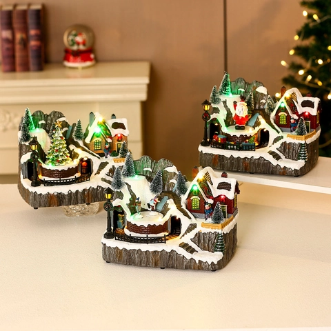 Christmas Village Miniature Resin Ornament LED Glowing Music Box Rotating Snow Scene Holiday Desktop Tabletop Decor
