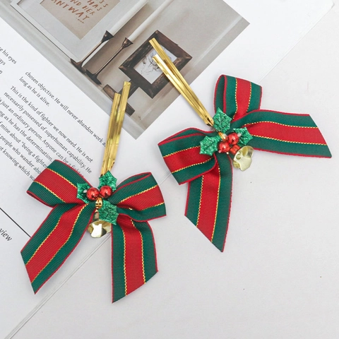 Christmas Ribbon Bows With Gold Bell And Red Berries Red Green Striped Fabric Decorations For Tree Wine Bottle
